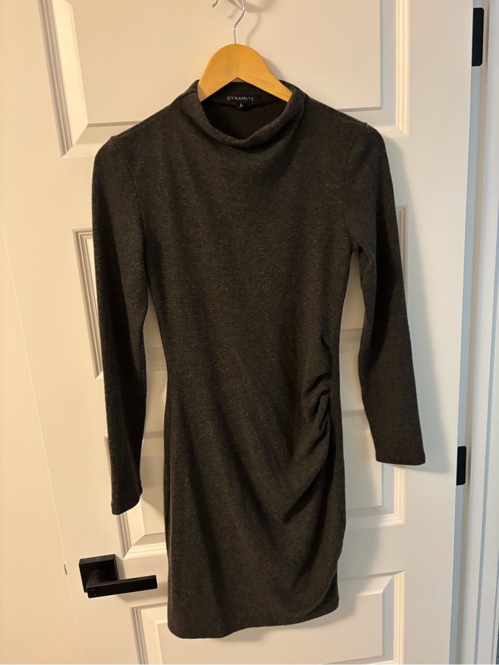 Dynamite Charcoal Mock Neck Long Sleeve Dress with Side Ruching